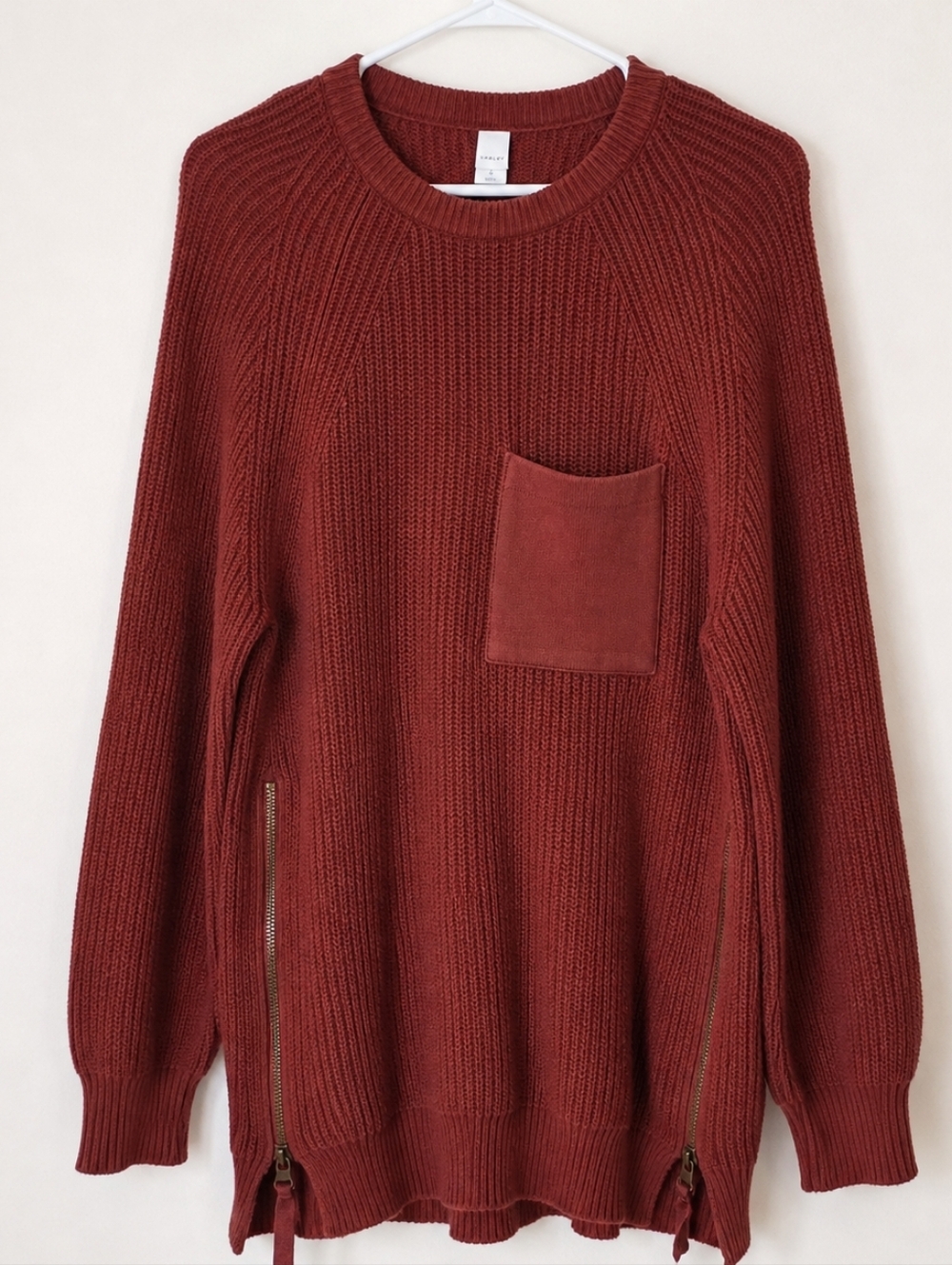 Varley Oversized Rib Knit Sweatshirt Russet Brown Zip Hem Pocket Pullover Small